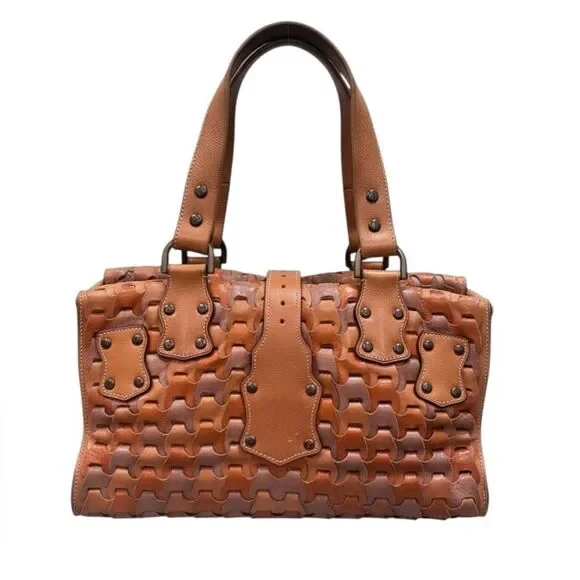 Mulberry Camel Cognac & Taupe Interlocking Woven Leather Roxanne Tote Bag Y2K - Picture 2 of 16